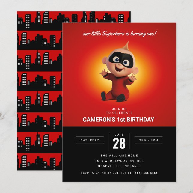 The Incredibles Superhero 1st Birthday Invitation (Front/Back)