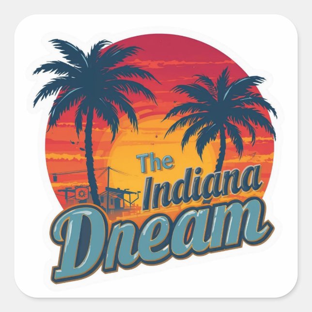 The Indiana Dream Retro Sunset Palm Trees Square Sticker (Front)