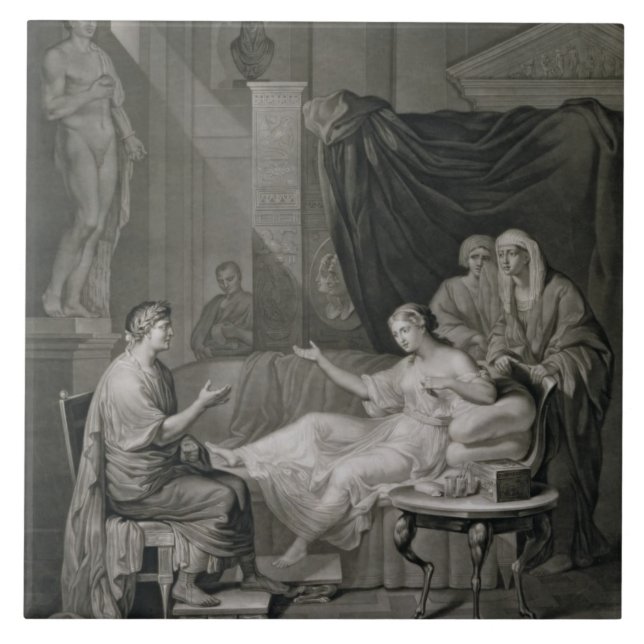 The Interview of Augustus and Cleopatra, engraved Ceramic Tile (Front)