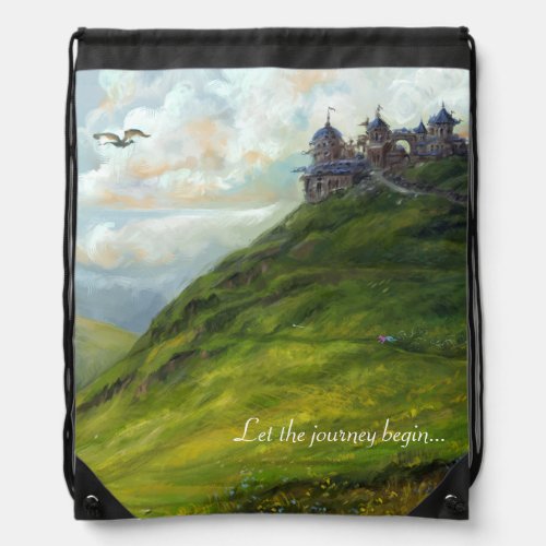 The journey begins fantasy landscape drawstring bag