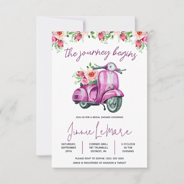 The Journey Begins! Scooter, Vespa Bridal Shower Invitation (Front)