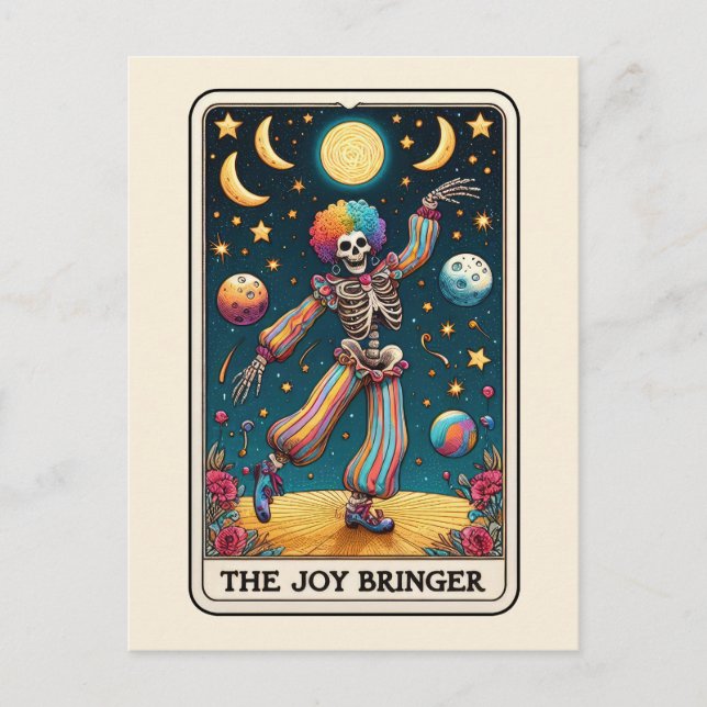 The Joy Bringer Tarot Art Rainbow Clown Skeleton Postcard (Front)