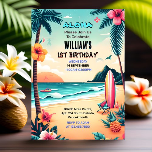 The Joy hula Luau Surf Aloha Hawaiian 1st Birthday Invitation