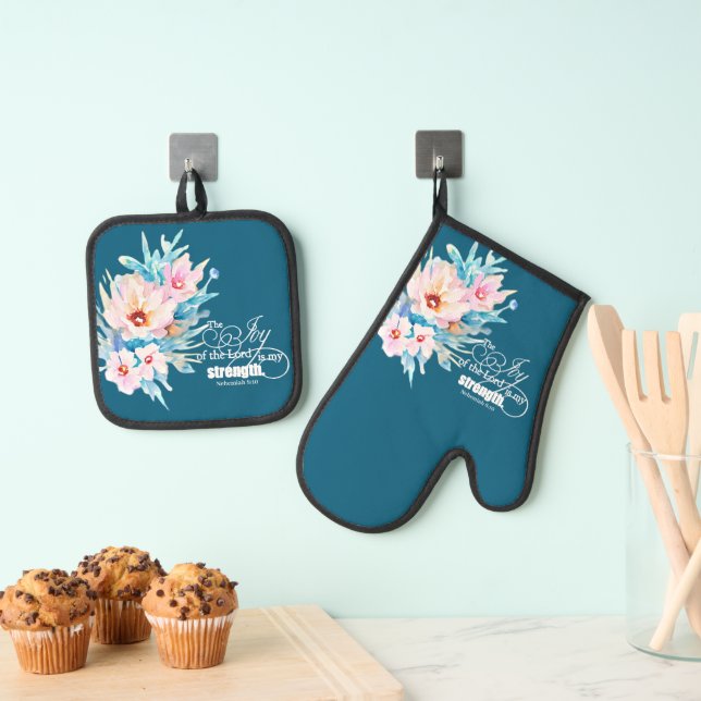 The Joy of the Lord floral Oven Mitt & Pot Holder Set (Insitu(Hanging))