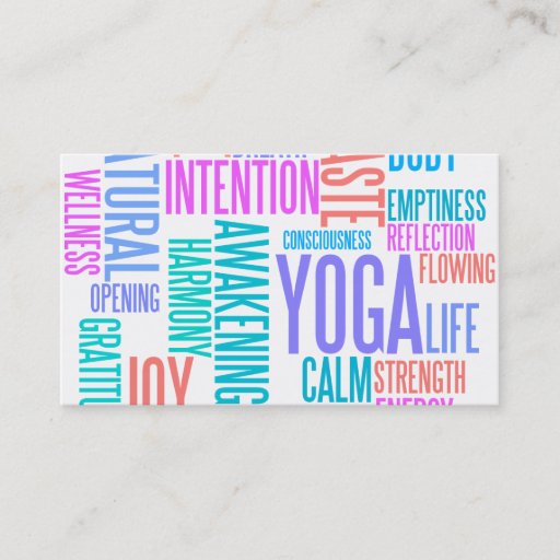 Customizable The Joy of Yoga Elegant Pastel Colored Word Cloud Business Card Template