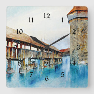 The Kapellbrucke, fine art painting, Square Wall Clock