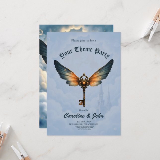 The Key of Eternity – Steampunk Wings  Invitation (Front/Back In Situ)