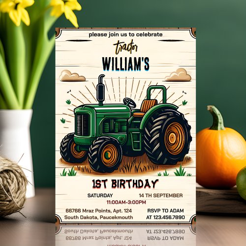 The kids retro boy cool tractor first 1st birthday invitation