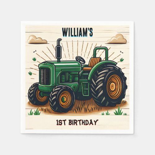 The kids retro boy cool tractor first 1st birthday napkins