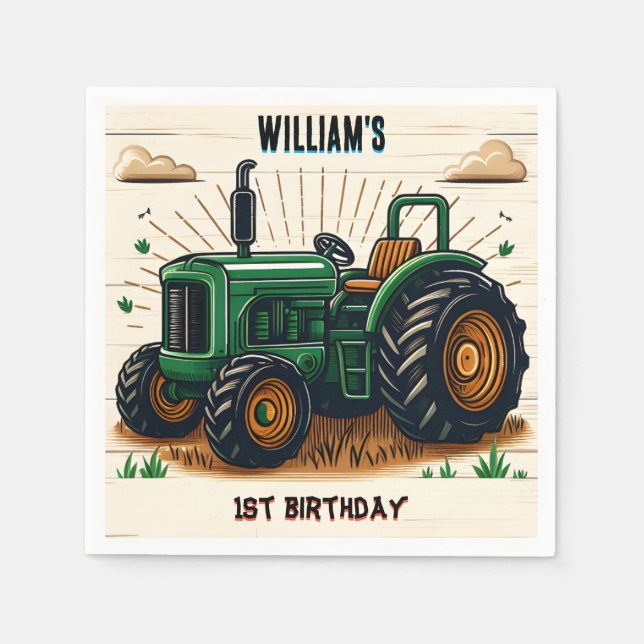 The kids retro boy cool tractor first 1st birthday napkins (Front)
