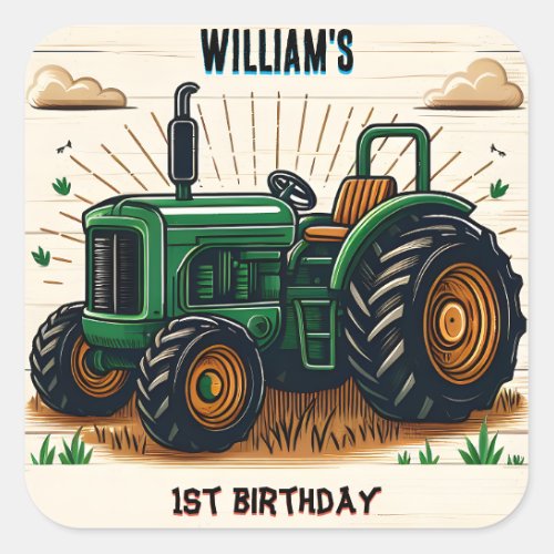 The kids retro boy cool tractor first 1st birthday square sticker
