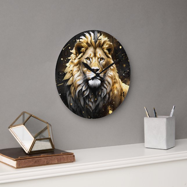 The King: Majestic Gold And Gray Male Lion, Large Clock (Office)