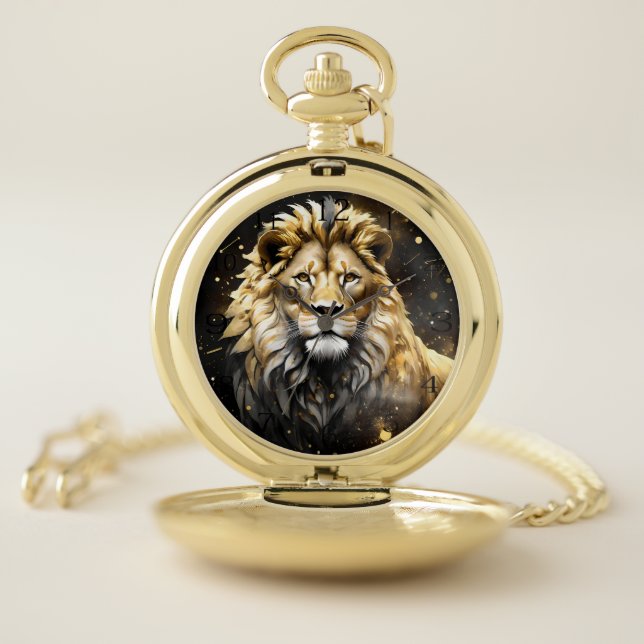 The King: Majestic Gold And Gray Male Lion, Pocket Watch (Inside)