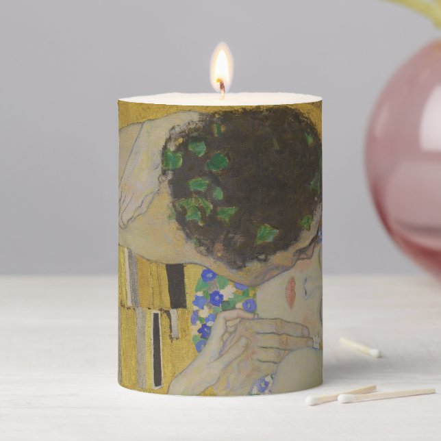 The Kiss, Art Nouveau Oil Painting, Gustav Klimt Pillar Candle (In Situ)
