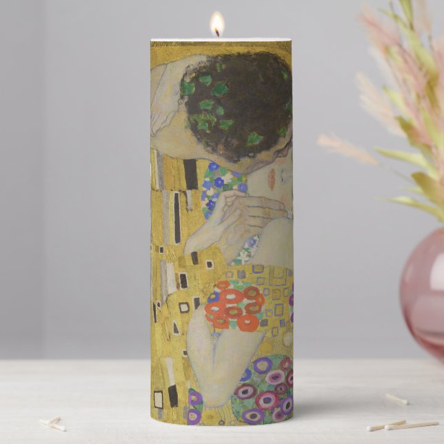 The Kiss, Art Nouveau Oil Painting, Gustav Klimt Pillar Candle (In Situ)