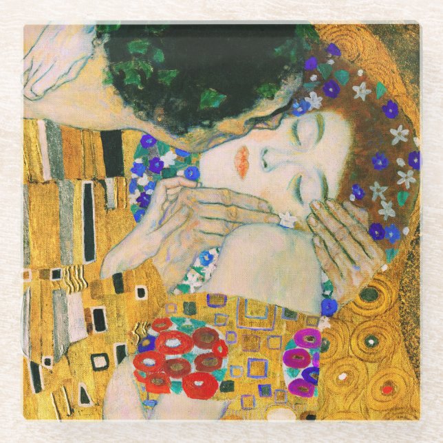 The Kiss by Gustav Klimt Glass Coaster (Front)