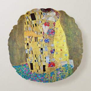The Kiss by Gustav Klimt, Vintage Art Nouveau Round Pillow