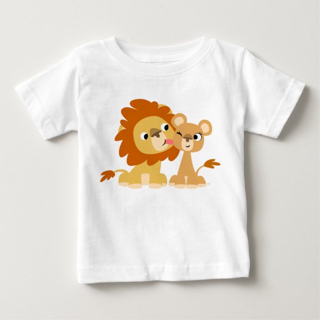 The Kiss: Cute Cartoon Lion Couple Baby T-shirt (Front)