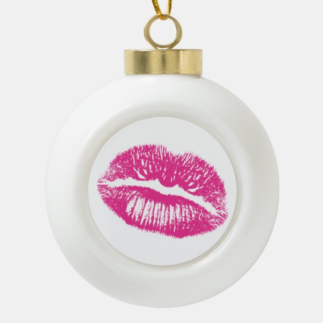 The Kiss, Pink Lips Ceramic Ball Christmas Ornament (Front)