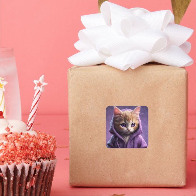 The Kitten in a Purple Hoodie Square Sticker (Party)