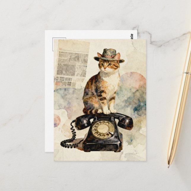 The Kitty on the Vintage Phone Postcard (Front/Back In Situ)