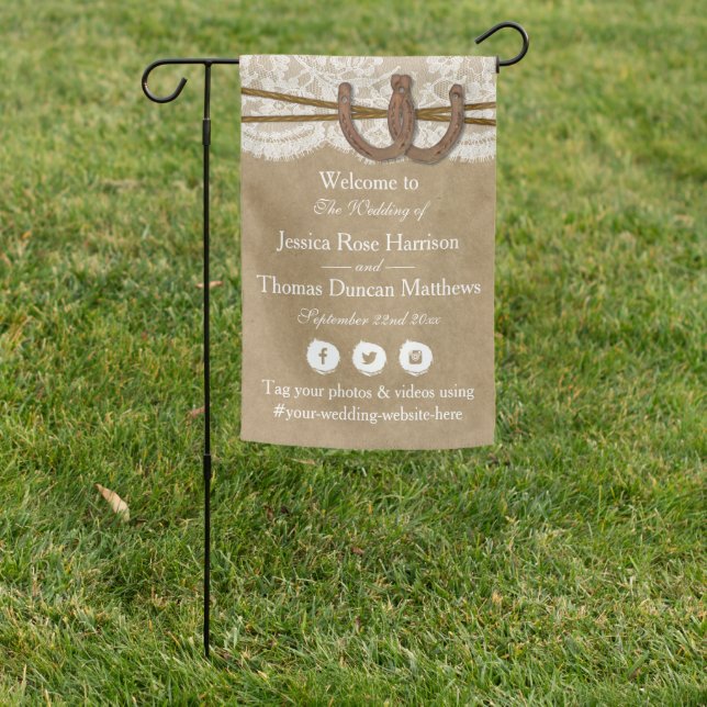 The Kraft, Lace & Horseshoe Wedding Collection Garden Flag (In SItu)