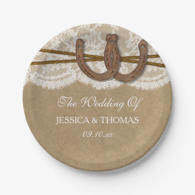 The Kraft, Lace & Horseshoe Wedding Collection Paper Plates (Front)