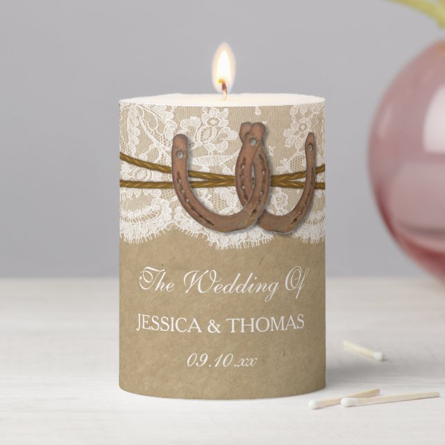 The Kraft, Lace & Horseshoe Wedding Collection Pillar Candle (In Situ)