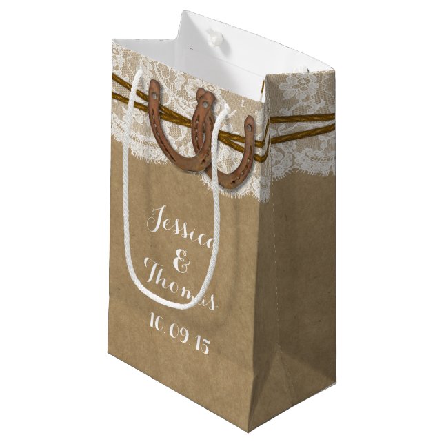 The Kraft, Lace & Horseshoe Wedding Collection Small Gift Bag (Front Angled)
