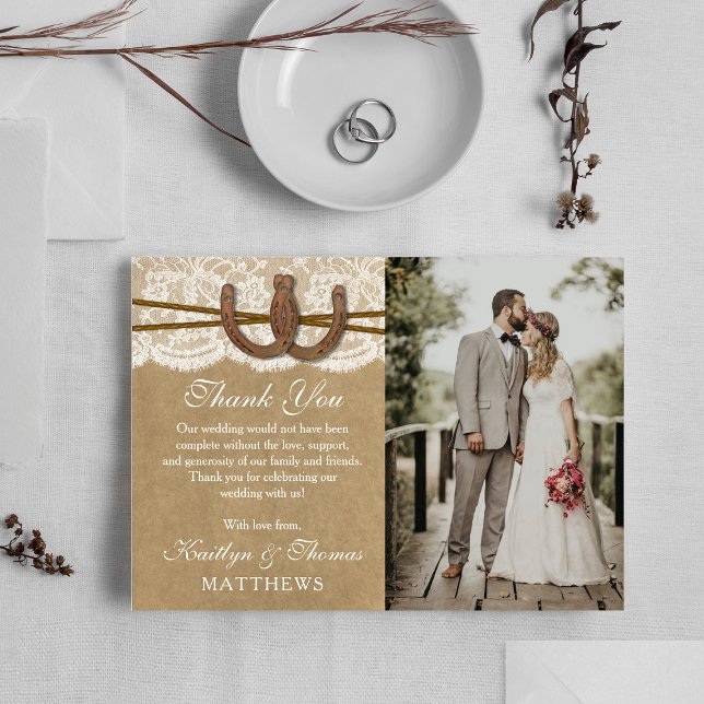 The Kraft, Lace & Horseshoe Wedding Collection Thank You Card (Creator Uploaded)