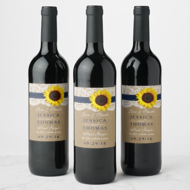 The Kraft, Lace & Sunflower Collection - Navy Wine Label (Bottles)
