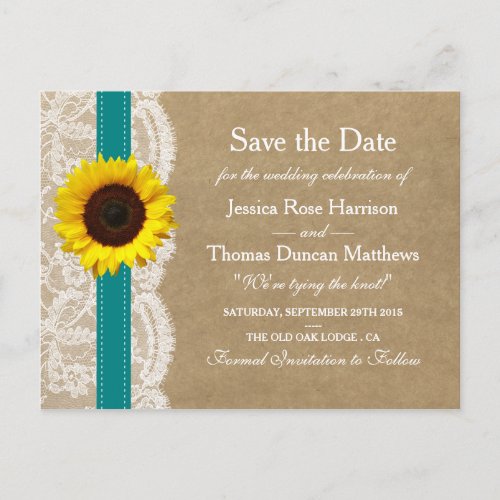 The Kraft Lace  Sunflower Collection _ Teal Announcement Postcard