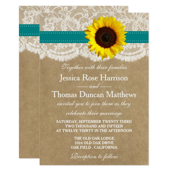 256853454817642682 The Kraft, Lace & Sunflower Collection - Teal Invitation