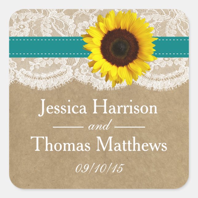 The Kraft, Lace & Sunflower Collection - Teal Square Sticker (Front)