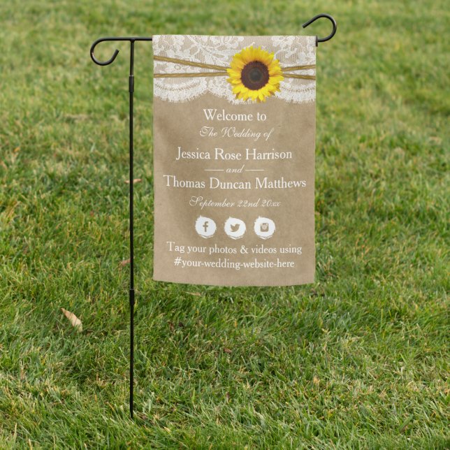 The Kraft, Lace & Sunflower Wedding Collection Garden Flag (In SItu)