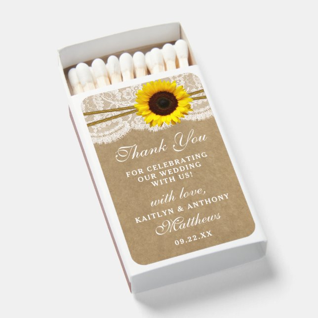 The Kraft, Lace & Sunflower Wedding Collection Matchboxes (Front Open)