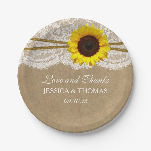 The Kraft, Lace & Sunflower Wedding Collection Paper Plates (Front)