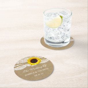 The Kraft, Lace & Sunflower Wedding Collection Round Paper Coaster