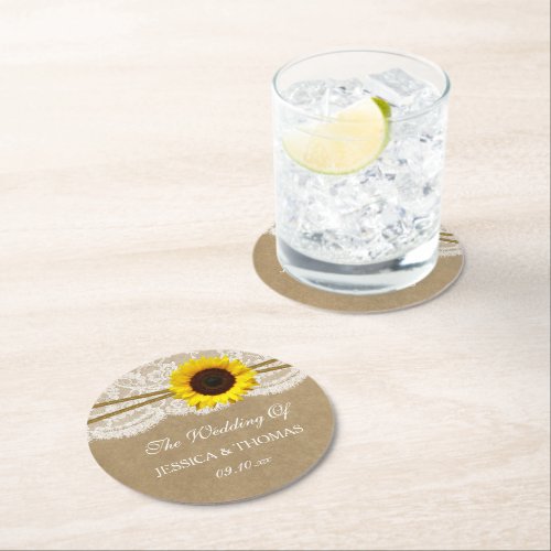 The Kraft Lace  Sunflower Wedding Collection Round Paper Coaster