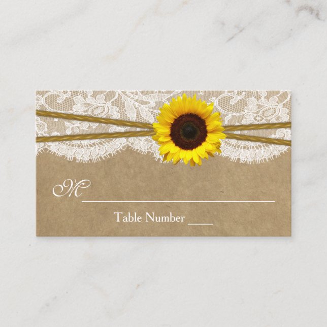 The Kraft, Lace & Sunflower Wedding Escort Cards (Front)