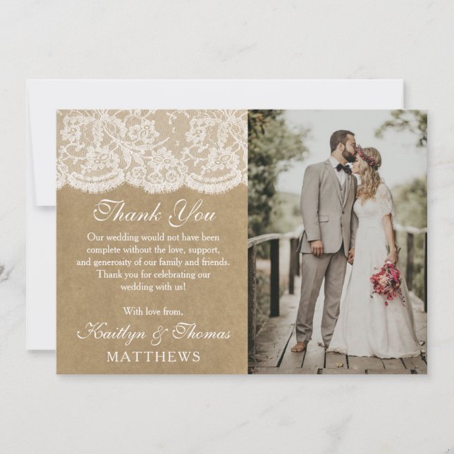 The Kraft & Lace Wedding Collection Photo Thank You Card (Front)