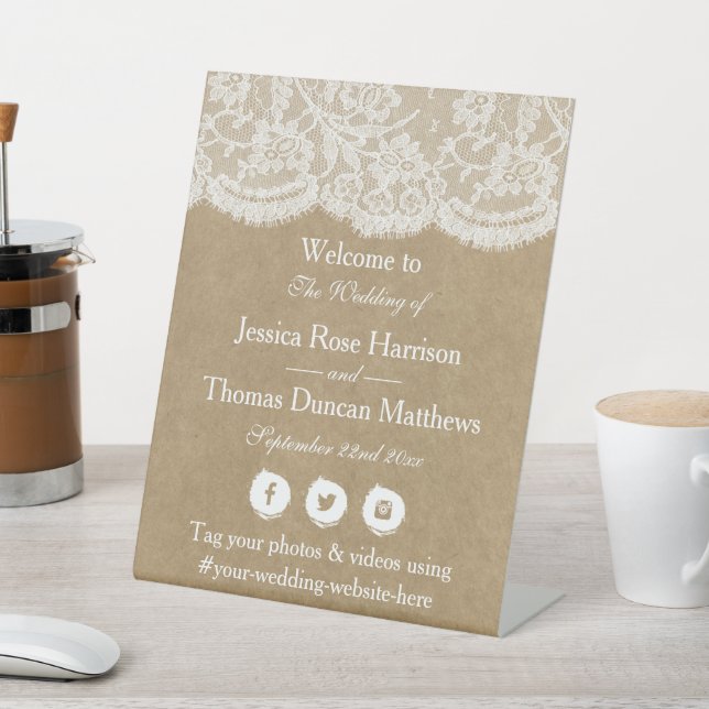 The Kraft & Lace Wedding Collection Welcome Pedestal Sign (In SItu)