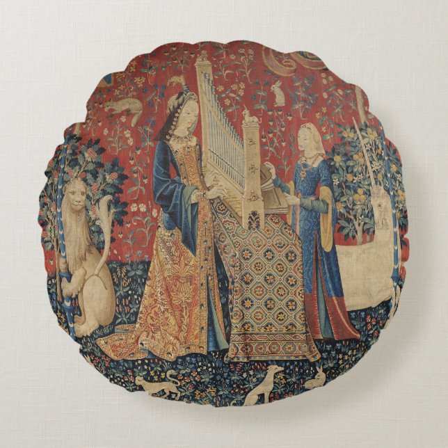 The Lady and the Unicorn: 'Hearing' Round Pillow (Front)