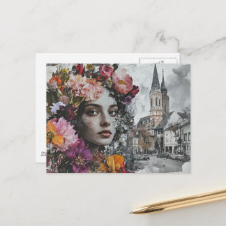 The Lady Collage With Flowers and Buildings Postcard