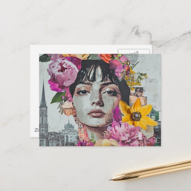The Lady in a City Collage Flowers Buildings Postcard (Front/Back In Situ)