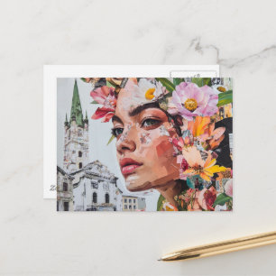 The Lady in a City Collage Flowers Frogs Birds Postcard