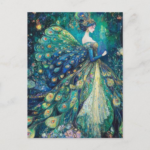 The Lady in the Blue Peacock Fantasy Dress Postcard