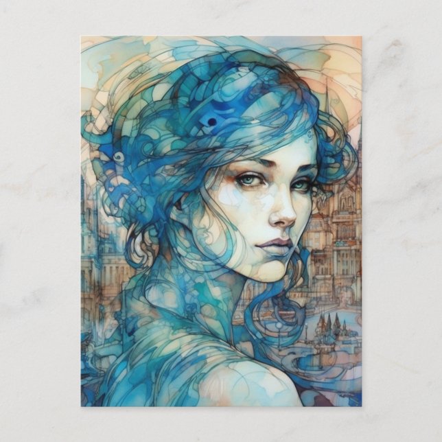 The Lady in the City with Blue Hair Postcard (Front)