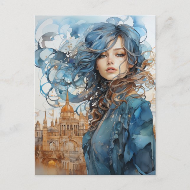 The Lady in the City With Blue Hair Postcard (Front)