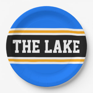 THE LAKE Athletic Bright Blue Black Orange Stripes Paper Plates